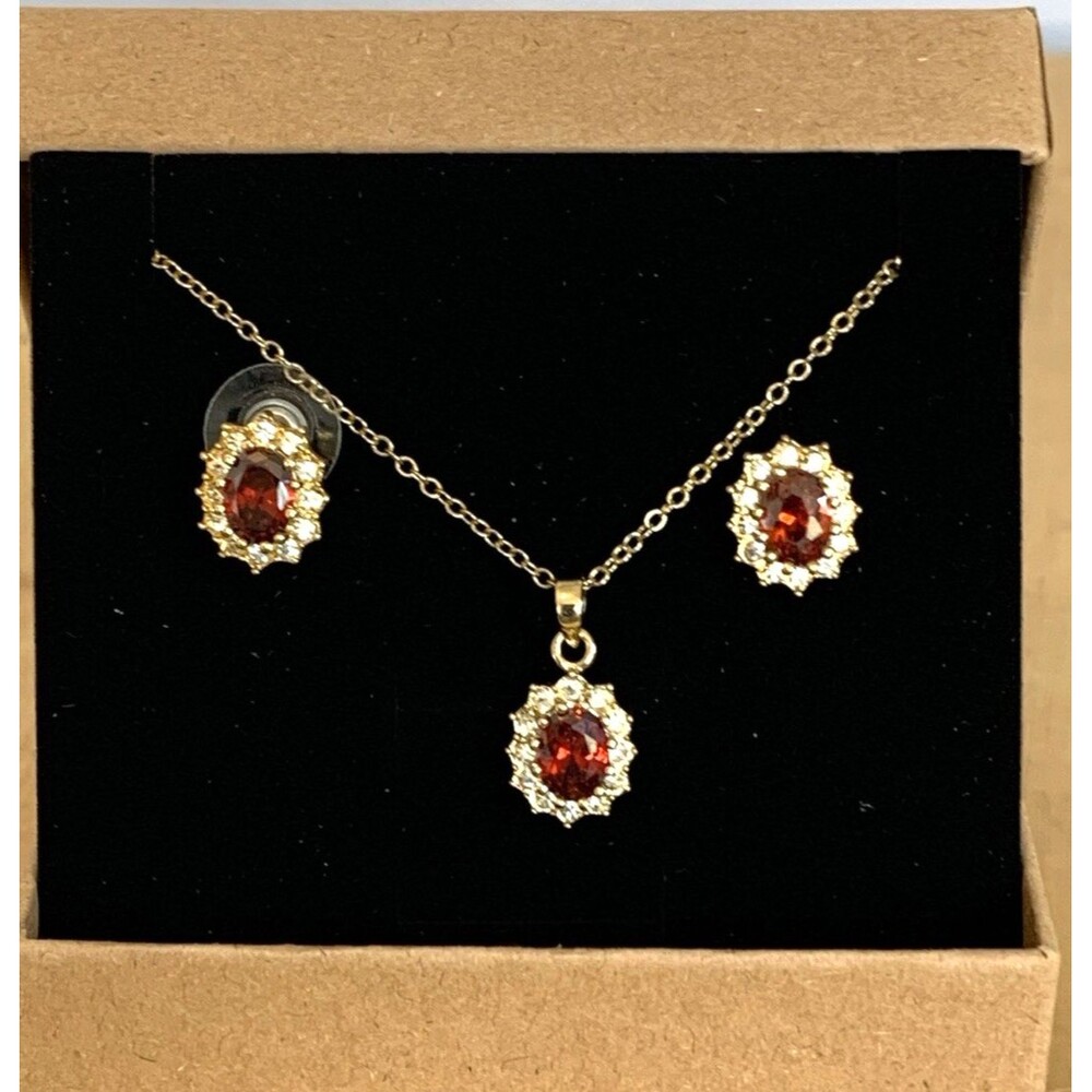 Vintage Faux Garnet Rhinestone Necklace Earrings Set Gold Tone Victorian Revival